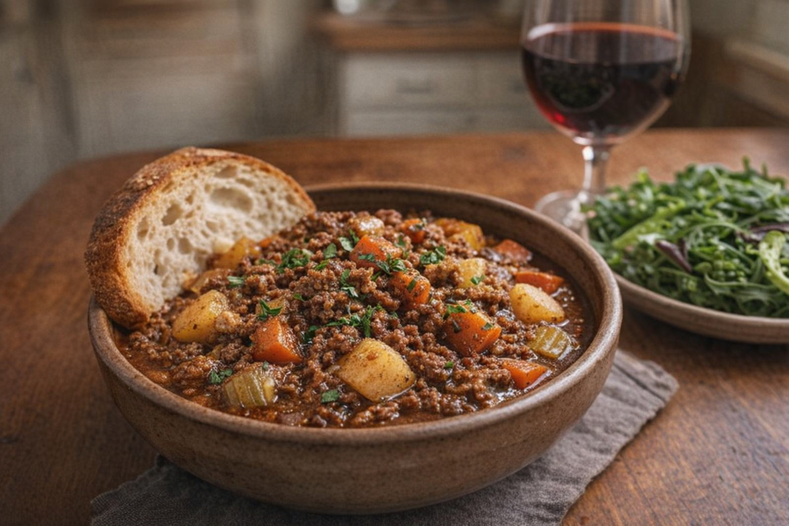 A plated portion of ground venison stew served in a rustic bowl, accompanied by a slice of crusty bread, a side of green salad, and a glass of red wine, warm, inviting lighting